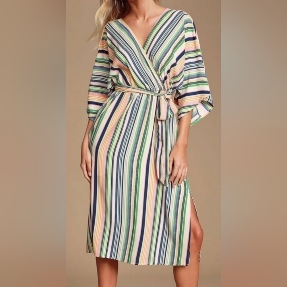 LULUS HIGH POTENTIAL BLUSH MULTI STRIPED MIDI DRESS XS Coastal Beachy
